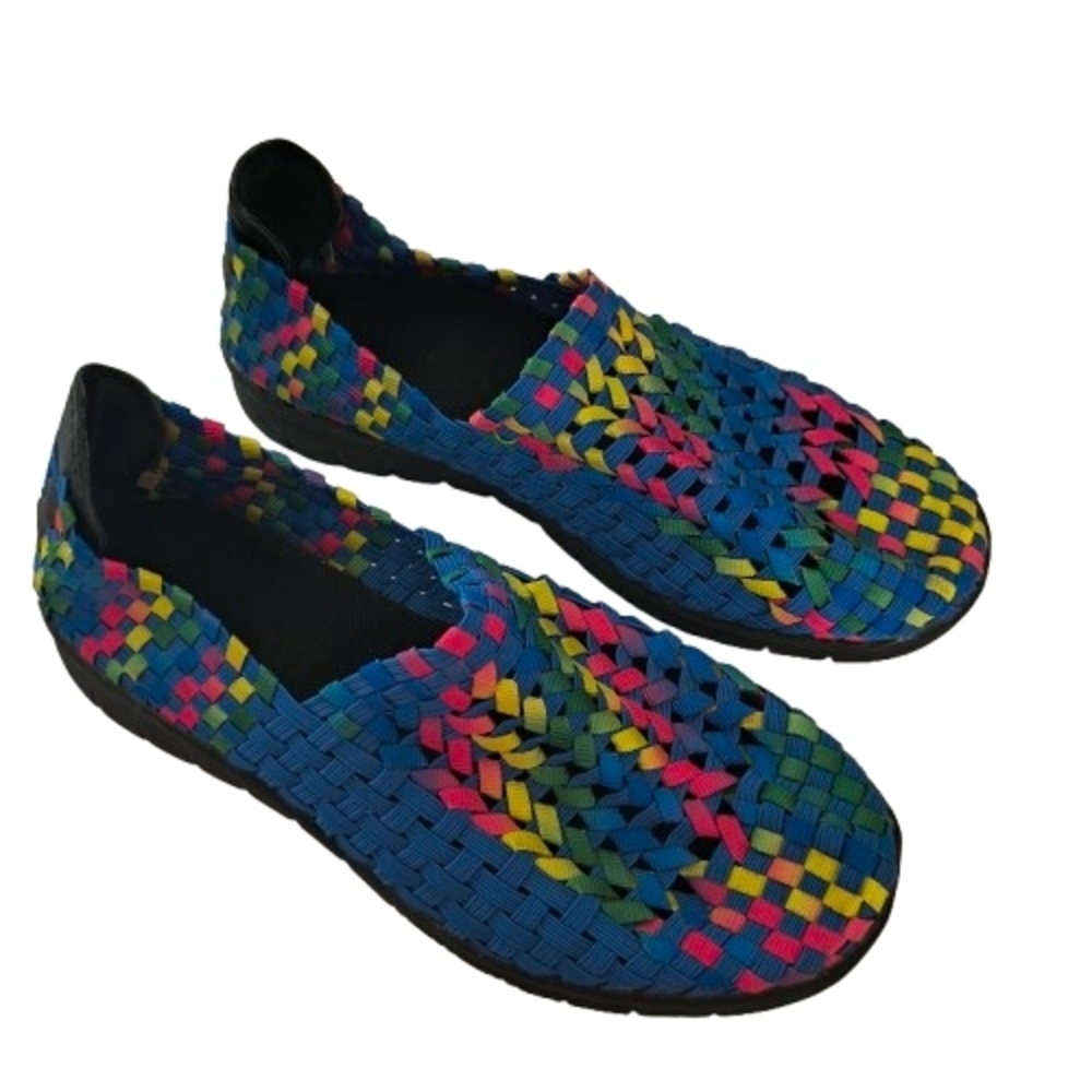 Womens Vibrant Multi Colored Woven Slip-On Flats Blue Pink Yellow Green SZ 38